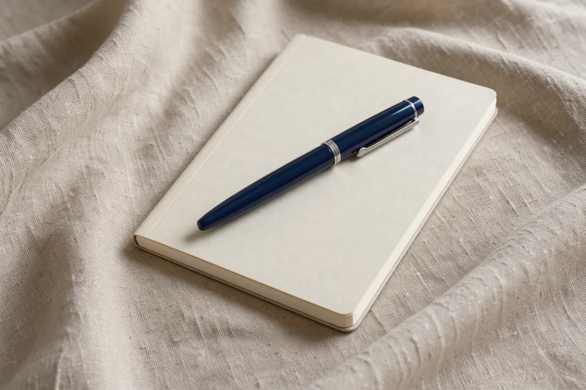Stylo plume fermé posé sur un carnet vierge, sur une nappe de lin