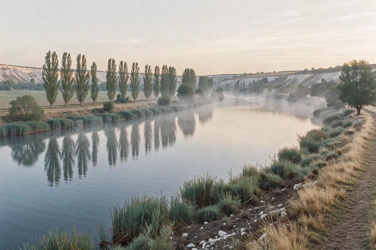 Méandre de la Seine dans la brume du matin, bordé de peupliers