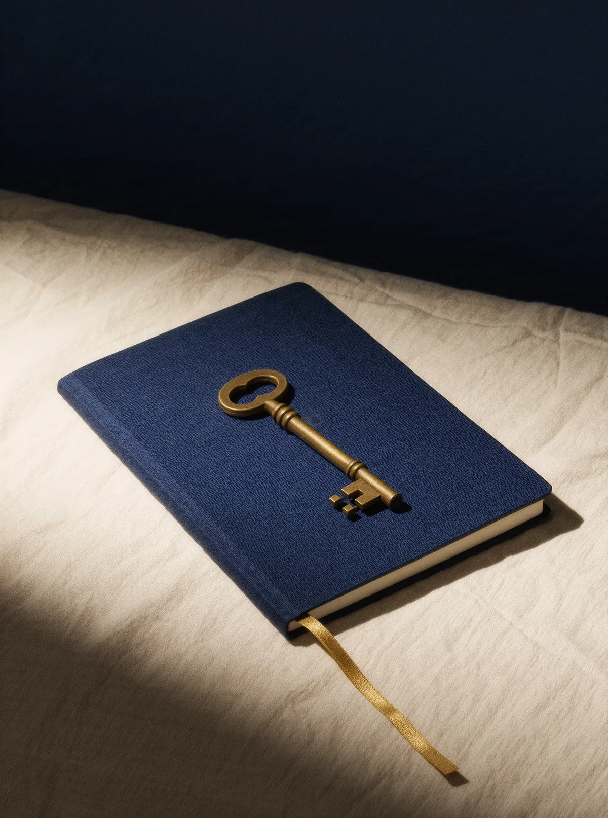 Une clé ancienne en laiton posée sur un carnet bleu nuit au signet doré, sur un lin ivoire, dans une lumière rasante.